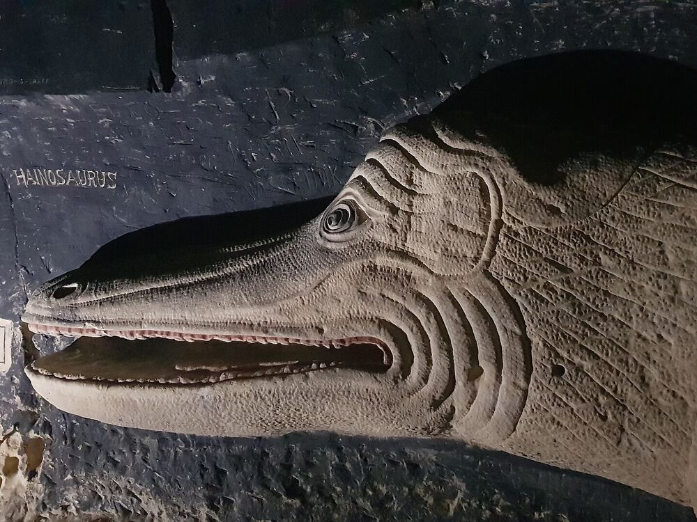 Een in de mergelwand uitgehouwen sculptuur in de Fluweelengrot in Valkenburg
